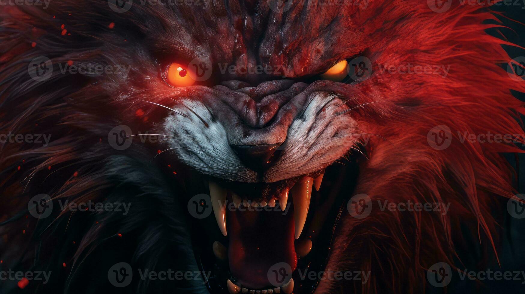 an angry lion with red eyes on a dark background generative ai photo