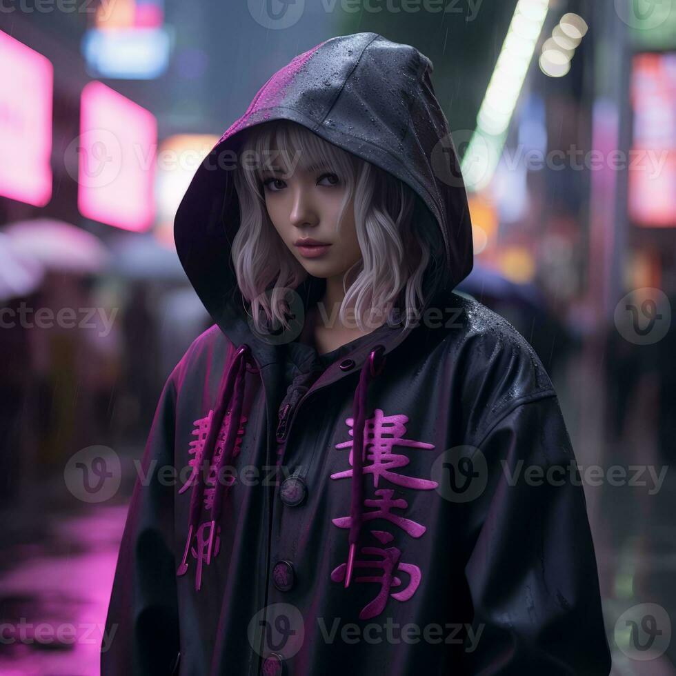 an asian woman in a rain jacket standing in the middle of a city street generative ai photo