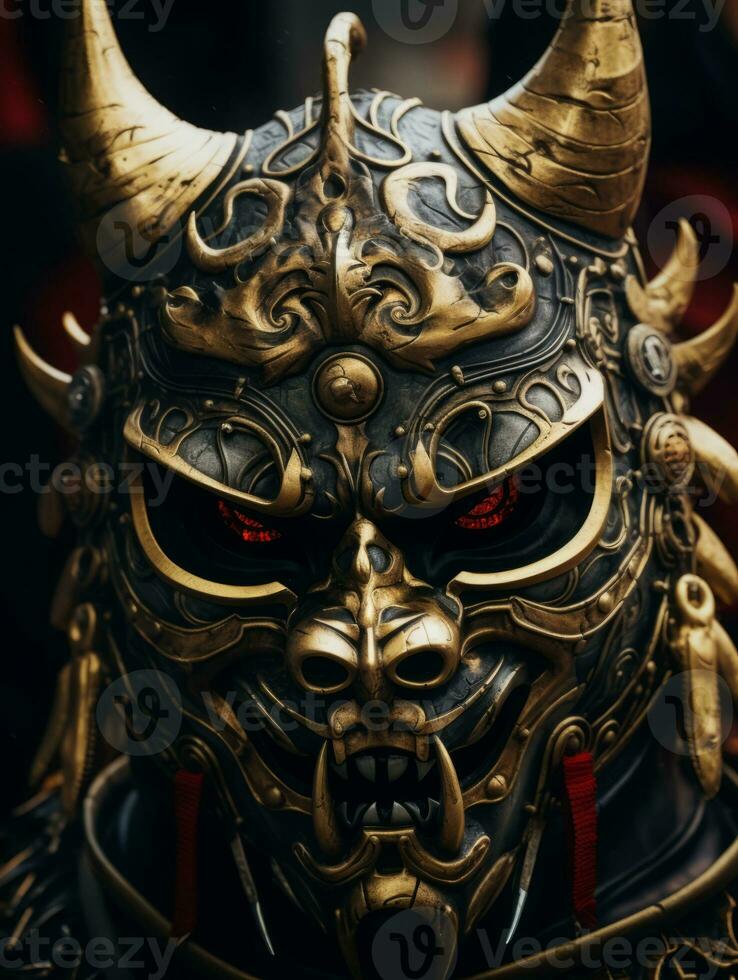 an asian demon mask with horns and red eyes generative ai photo