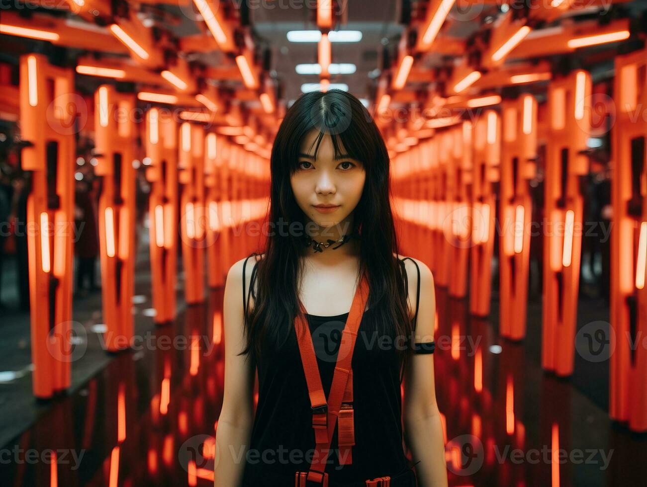 an asian woman standing in front of red neon lights generative ai photo