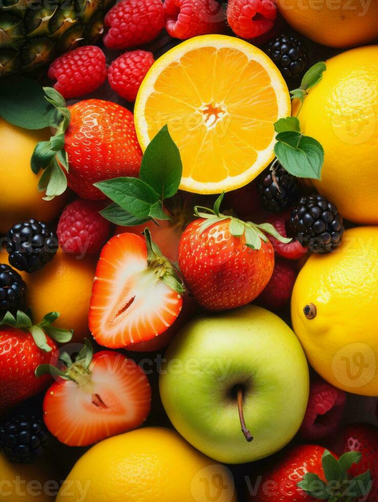 an assortment of fruits and vegetables including oranges strawberries and raspberries generative ai photo