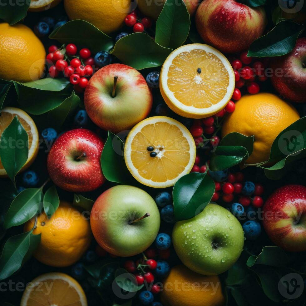an assortment of fruits and vegetables are arranged on a table generative ai photo