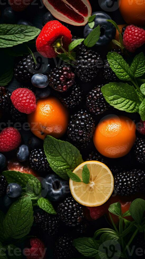 an assortment of fruits and vegetables on a black background generative ai photo
