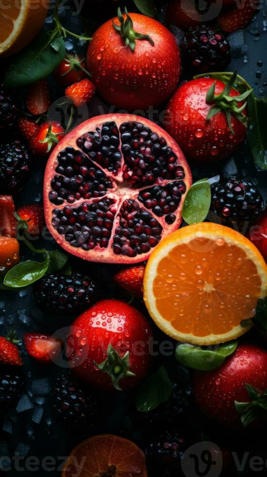 an assortment of fruits and vegetables on a black surface generative ai photo