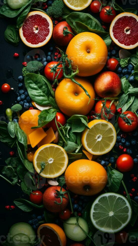 an assortment of fruits and vegetables on a black background generative ai photo