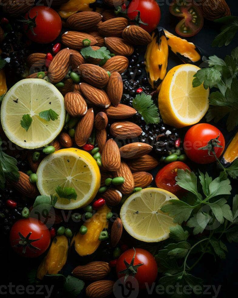 an assortment of nuts vegetables and herbs on a black background generative ai photo