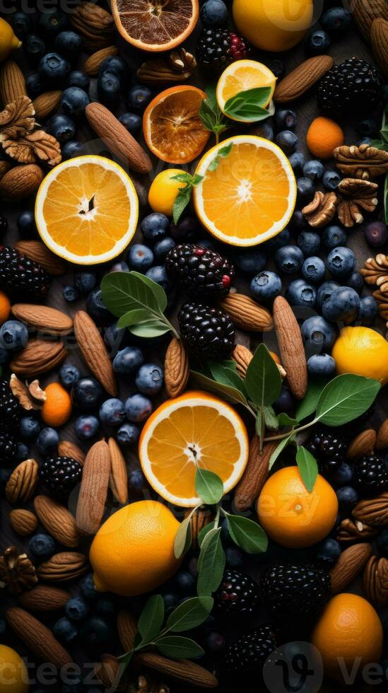 an assortment of oranges blueberries almonds and other fruits generative ai photo