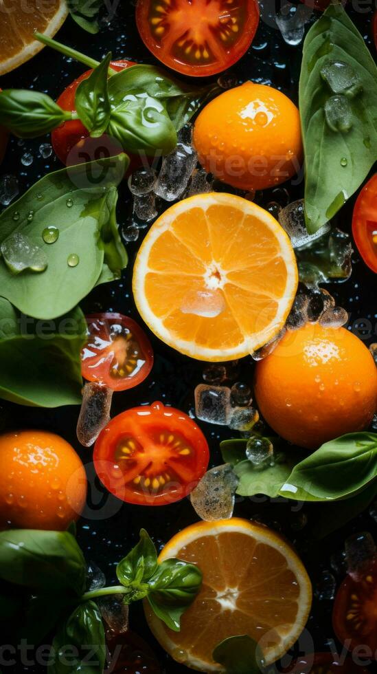 an assortment of oranges tomatoes and basil on a black surface generative ai photo