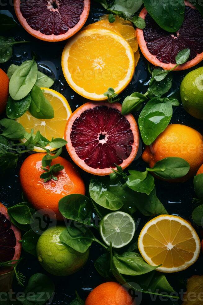 an assortment of oranges lemons limes and spinach generative ai photo