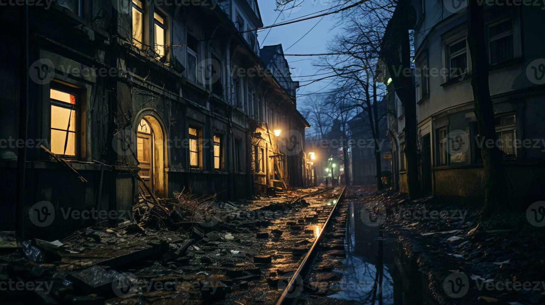 an empty street at night with broken windows and rubble on the ground generative ai photo