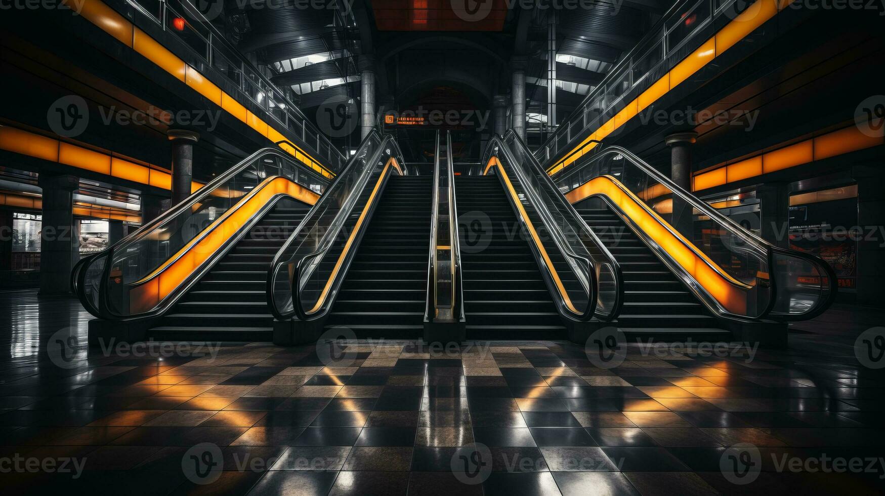 an escalator in an empty train station at night generative ai photo