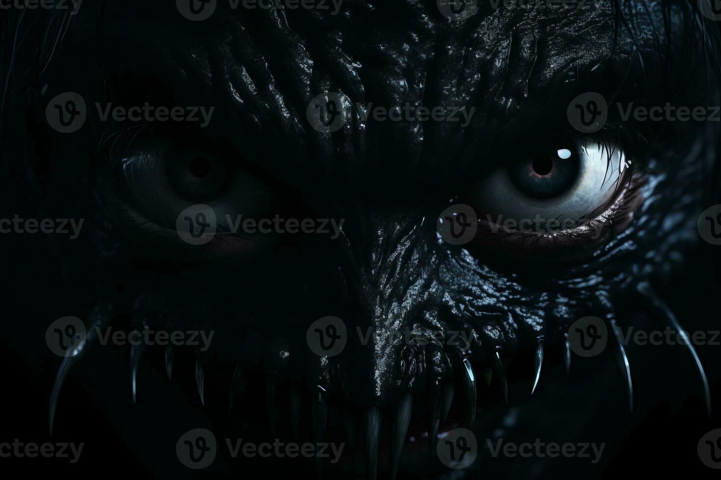 an evil face with fangs and sharp teeth on a dark background generative ai photo