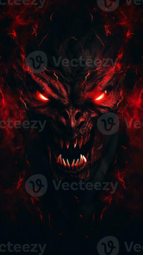 an evil demon face with red eyes on a black background generative ai photo