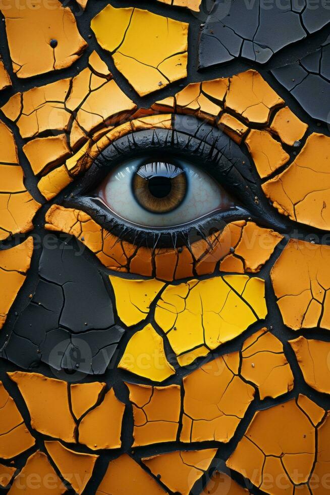 an eye is painted on a cracked orange and black background generative ai photo