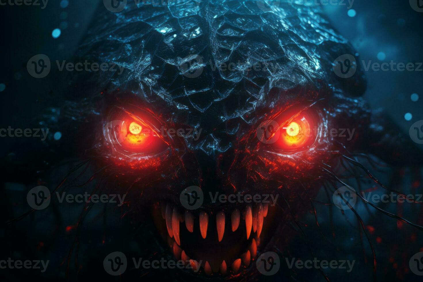 an evil monster with glowing red eyes in the dark generative ai photo