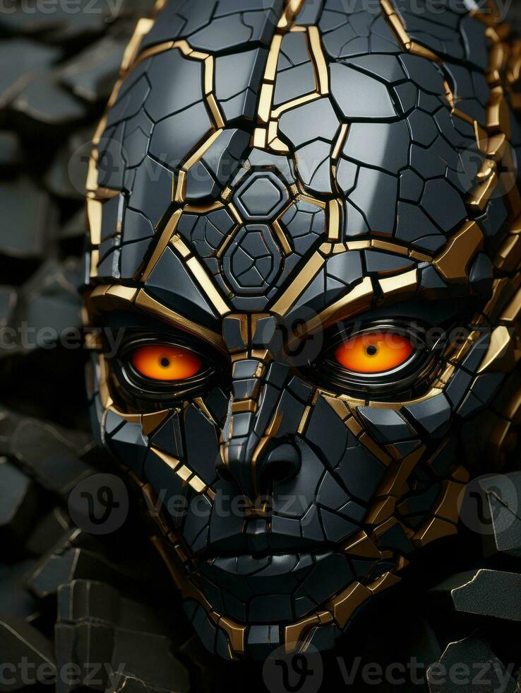 an image of a black and gold mask with glowing eyes generative ai photo