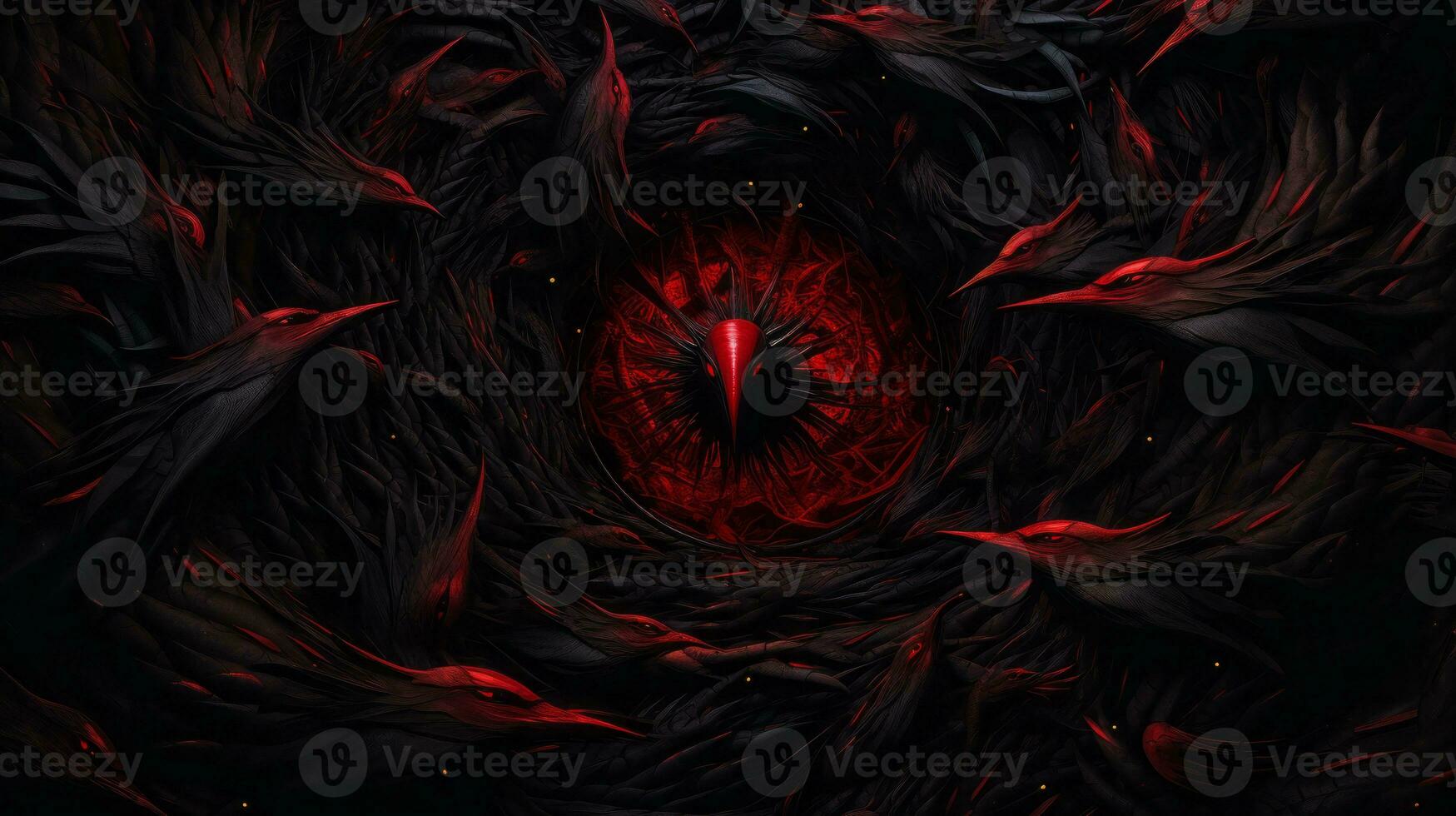 an image of a black and red eye surrounded by black and red birds generative ai photo
