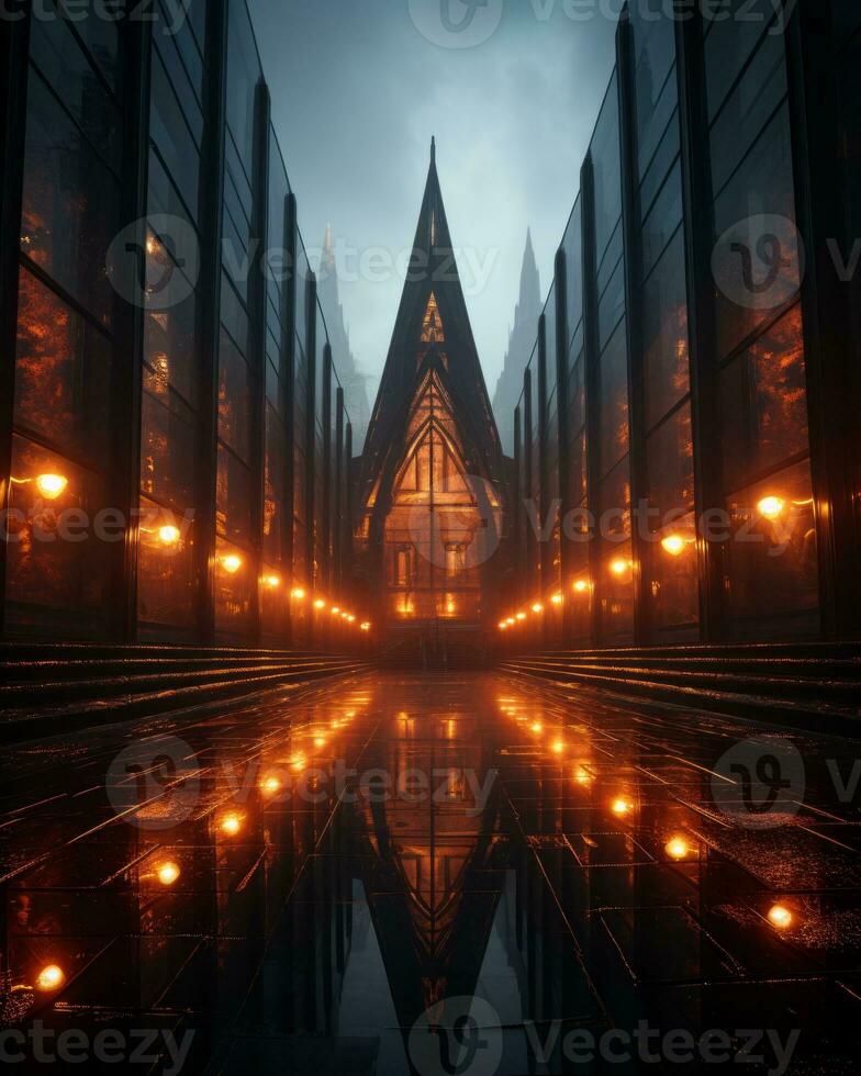 an image of a building at night with lights on it generative ai photo