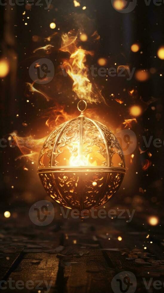 an image of a burning lantern on a wooden floor generative ai photo