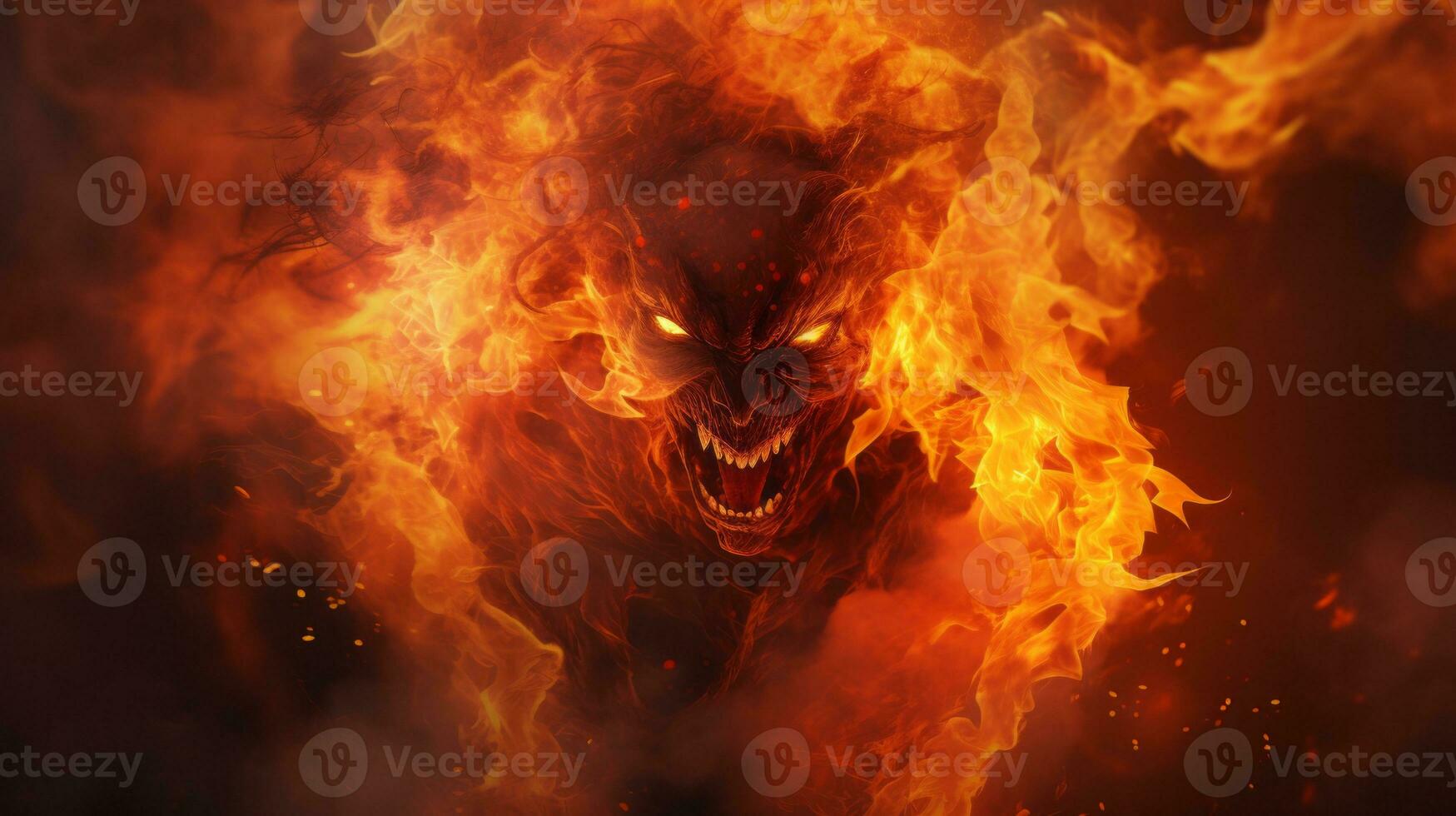 un imagen de un demonio con fuego viniendo fuera de sus boca generativo ai foto