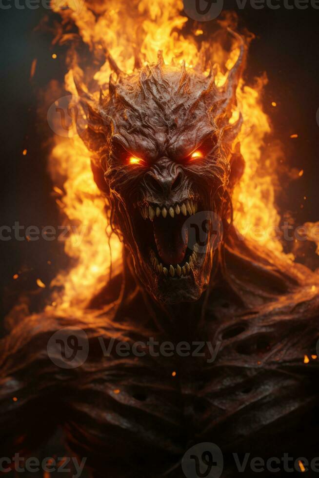 un imagen de un demonio con fuego viniendo fuera de su boca generativo ai foto