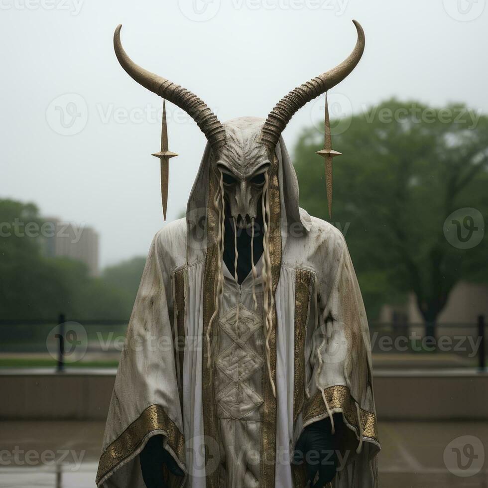 an image of a man dressed as a demon with horns on his head generative ai photo