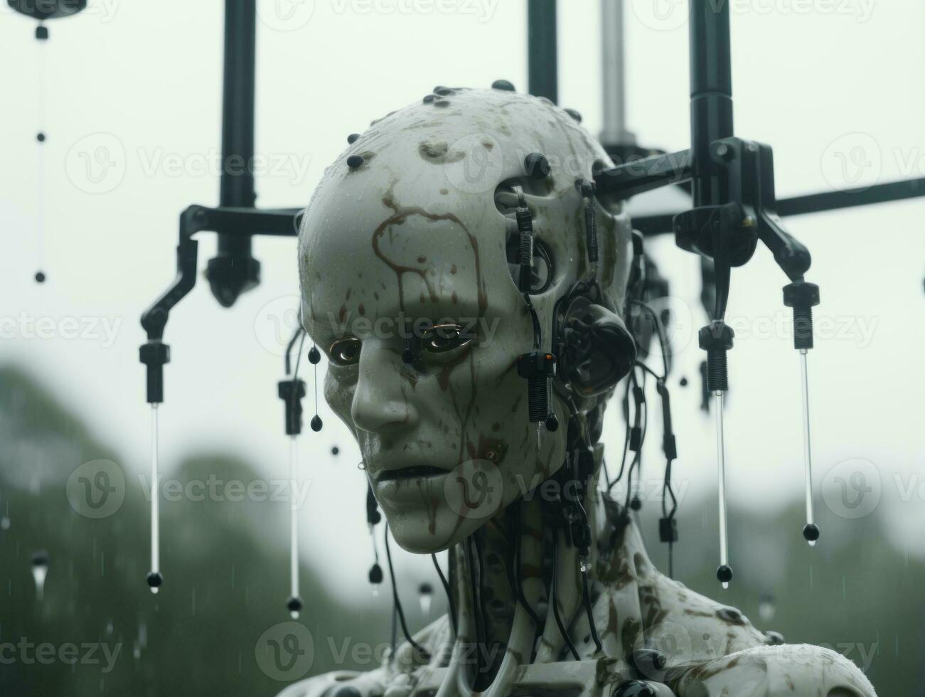 an image of a robot in the rain generative ai photo