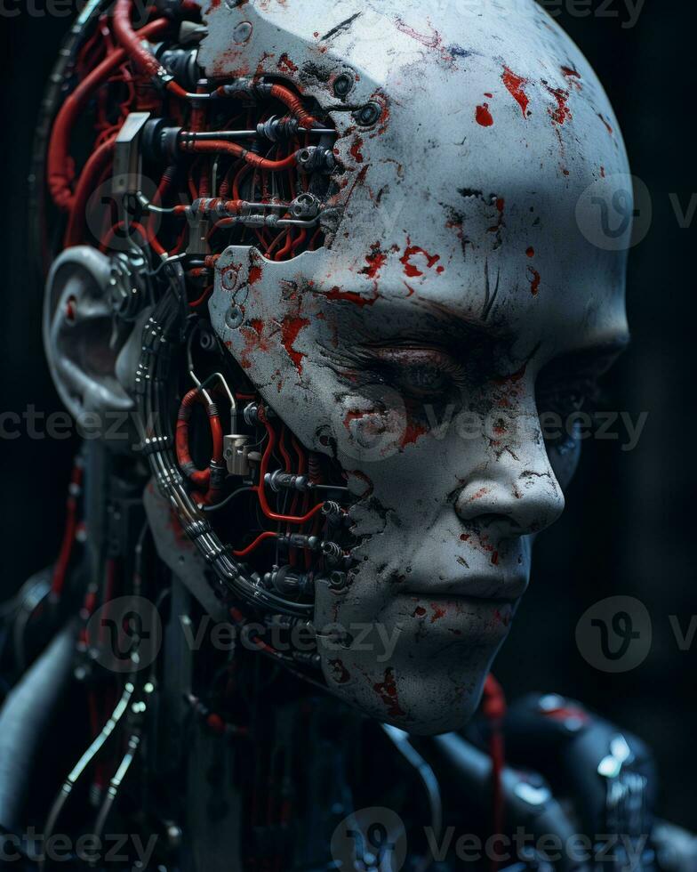 an image of a robot with blood on its face generative ai photo