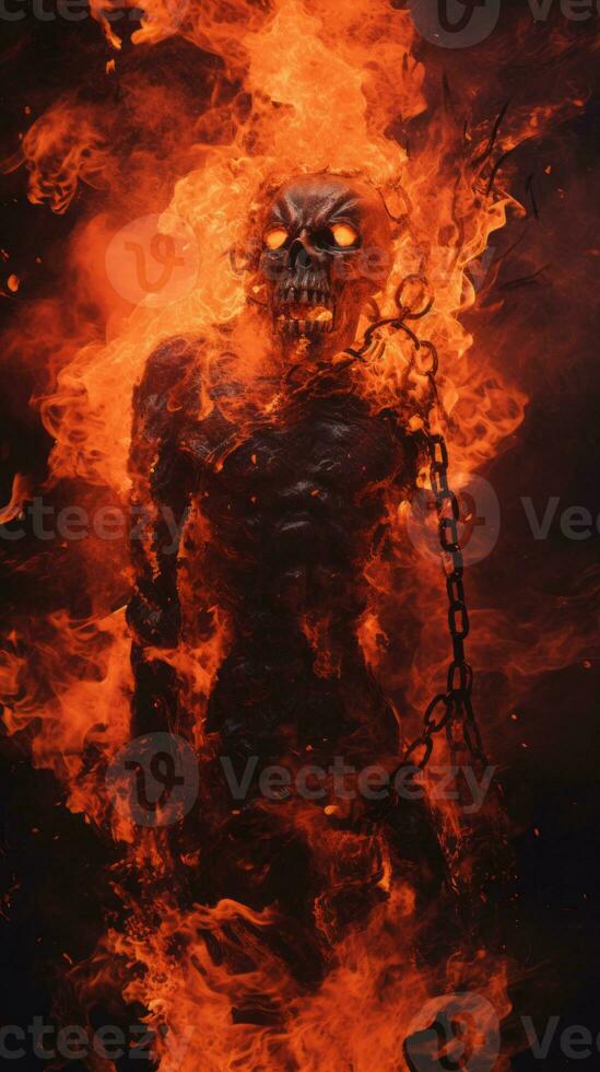 an image of a skeleton in flames with chains around it generative ai photo