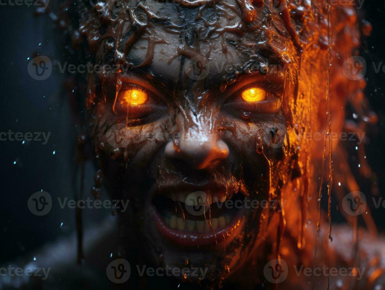 an image of a woman covered in blood with glowing eyes generative ai photo