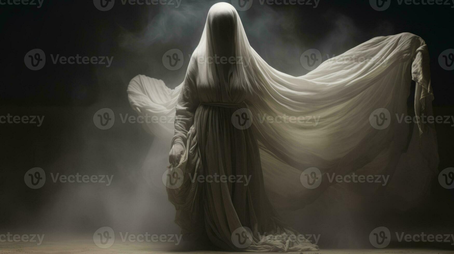 an image of a woman in a white dress with smoke coming out of her mouth generative ai photo