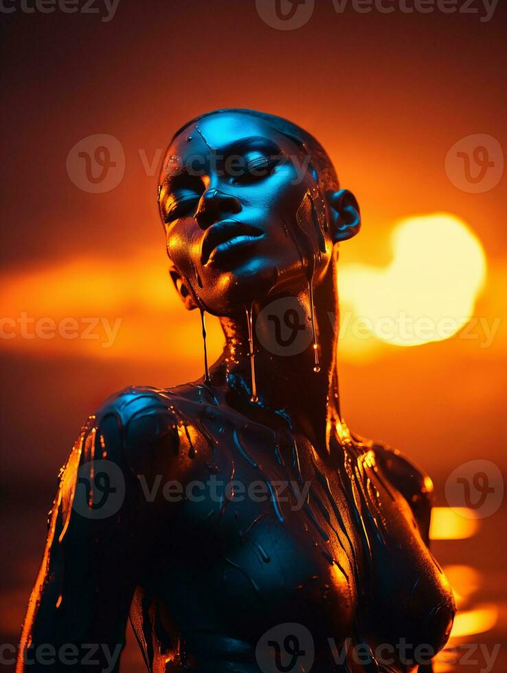 an image of a woman in a wet suit with the sun in the background generative ai photo