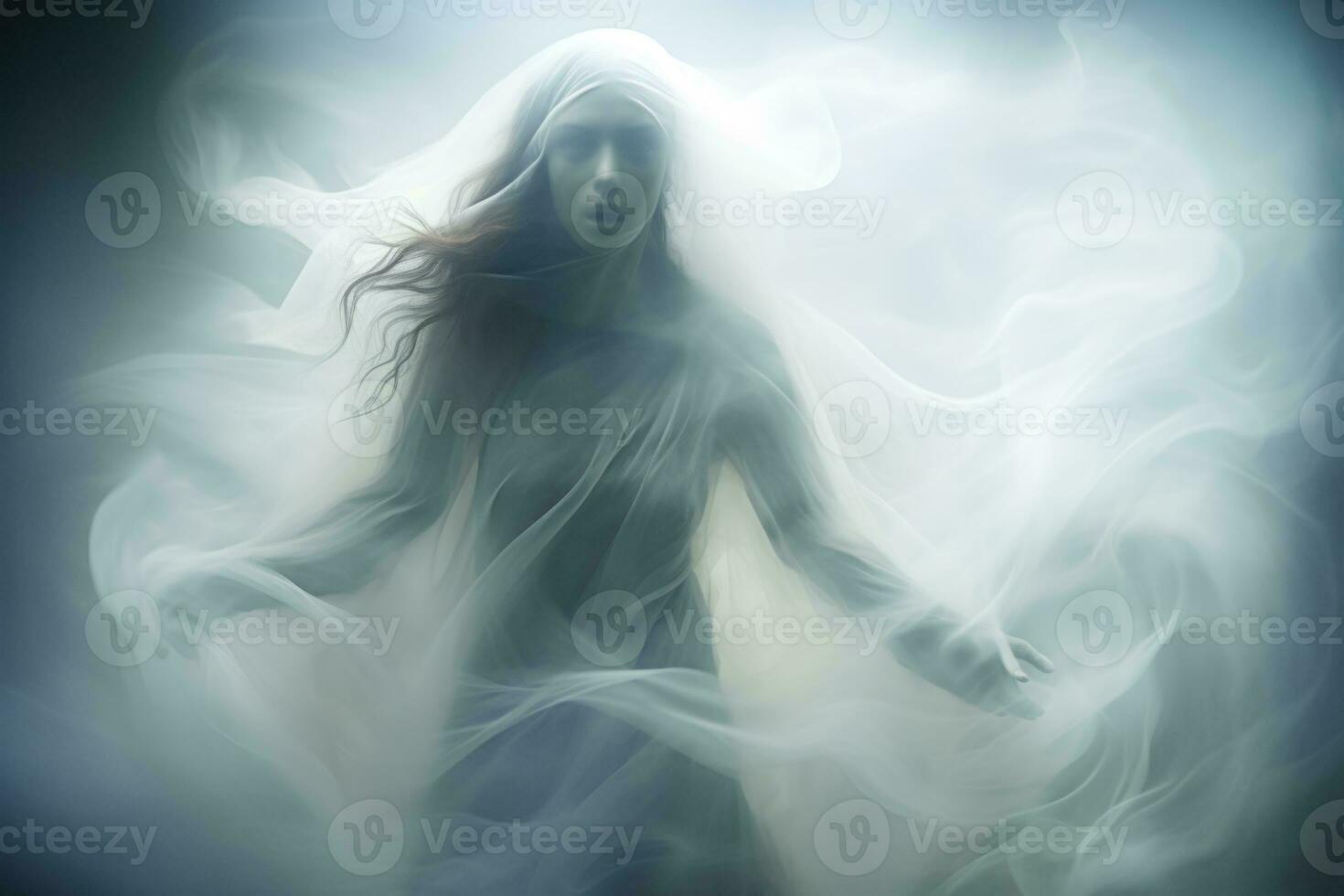 an image of a woman in a white dress with smoke coming out of her mouth generative ai photo
