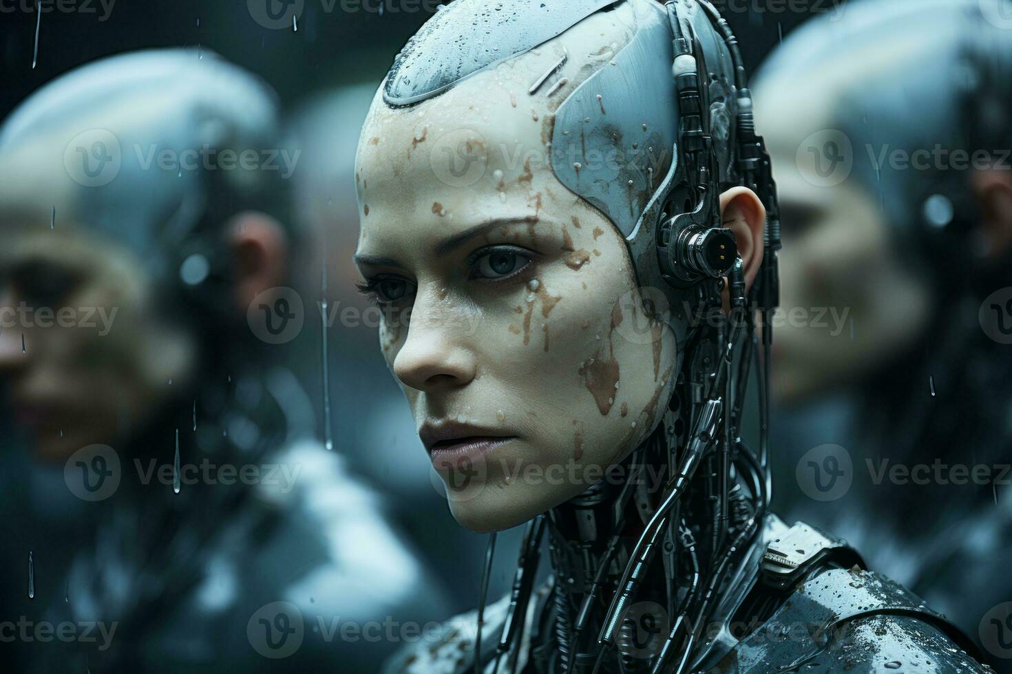 an image of a woman in a robot suit standing in front of a group of other robots generative ai photo