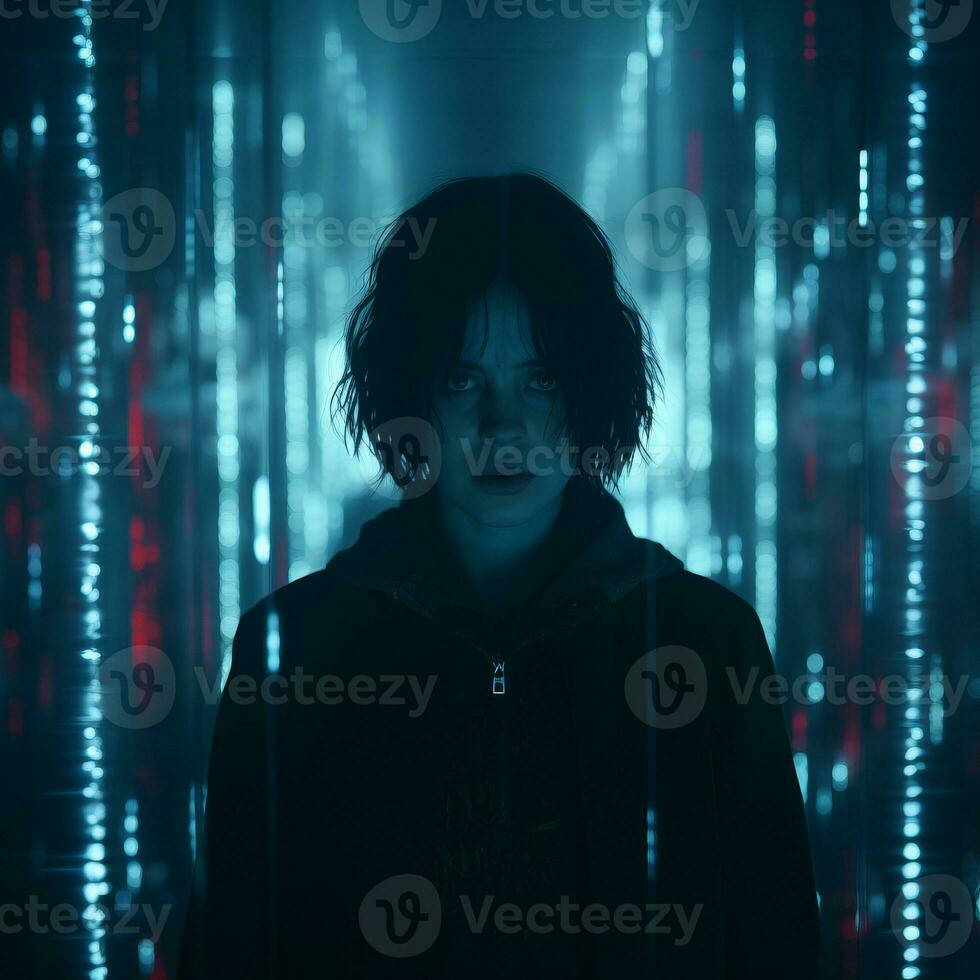 an image of a woman standing in front of a red and blue background generative ai photo