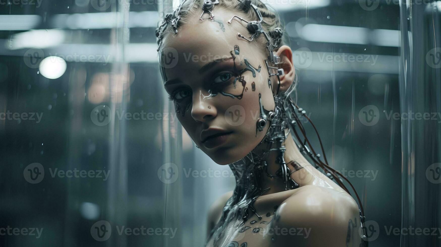 an image of a woman with a robot body in the rain generative ai photo