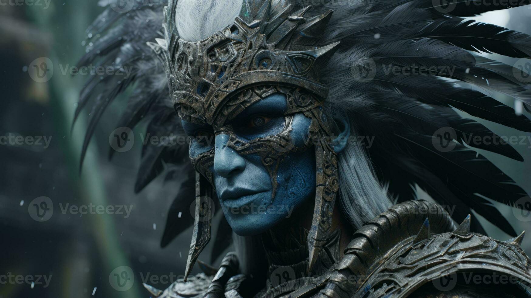 an image of a woman with blue paint on her face and feathers on her head generative ai photo