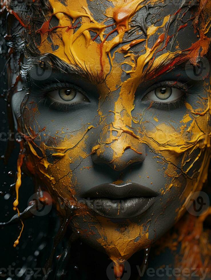 an image of a woman with paint splattered on her face generative ai photo