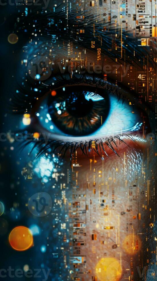 an image of a womans eye with a digital background generative ai photo