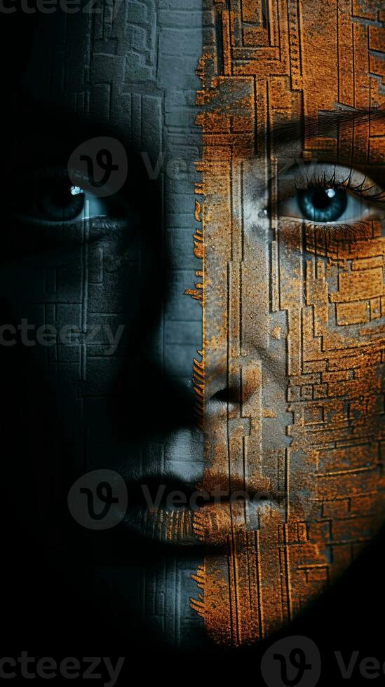 an image of a womans face with a brick wall behind it generative ai photo