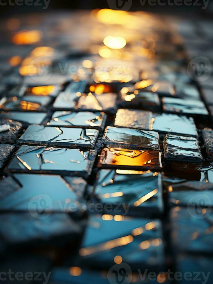 an image of broken glass on the ground with the sun setting in the background generative ai photo