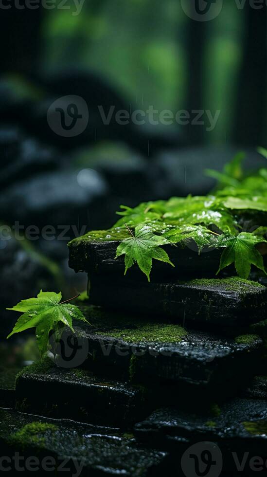 un imagen de verde hojas en un Roca pared en el lluvia generativo ai foto