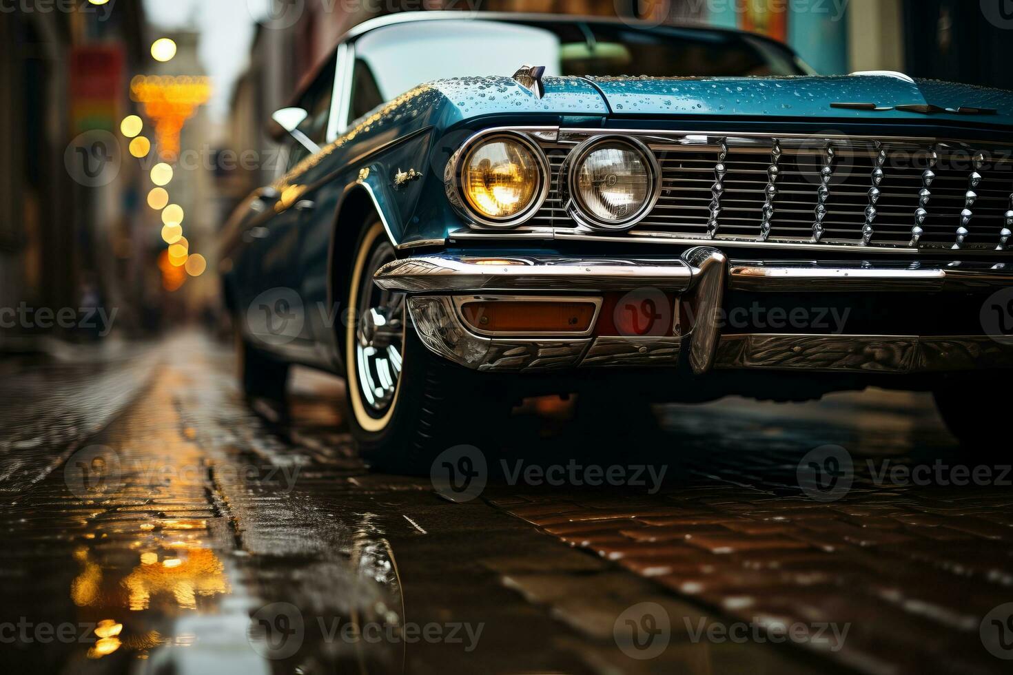 an old blue car is parked on a wet street generative ai photo