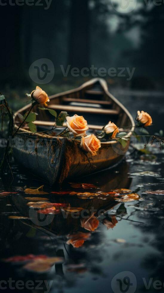 un antiguo barco con rosas flotante en el agua generativo ai foto