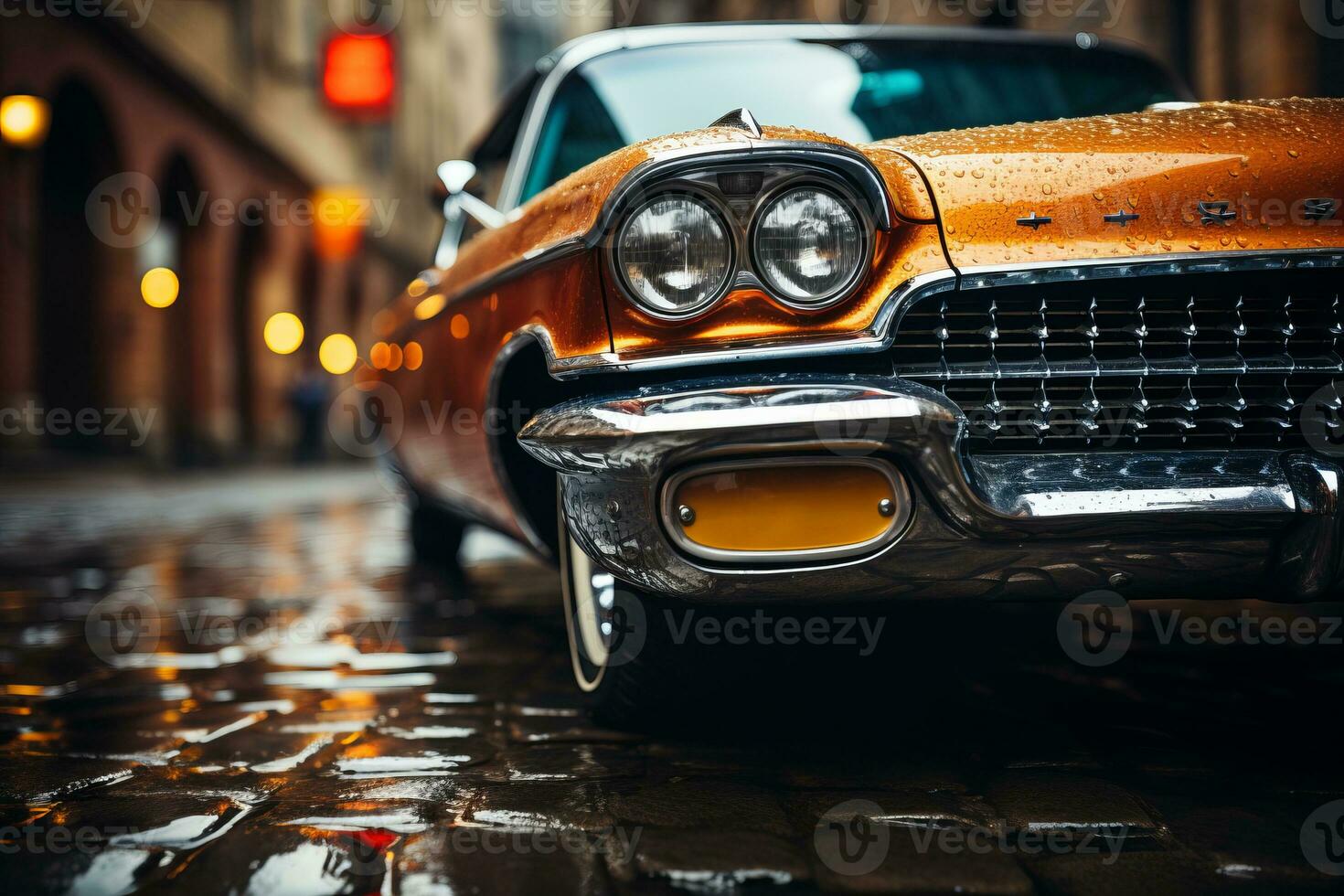 un antiguo coche es estacionado en un guijarro calle generativo ai foto