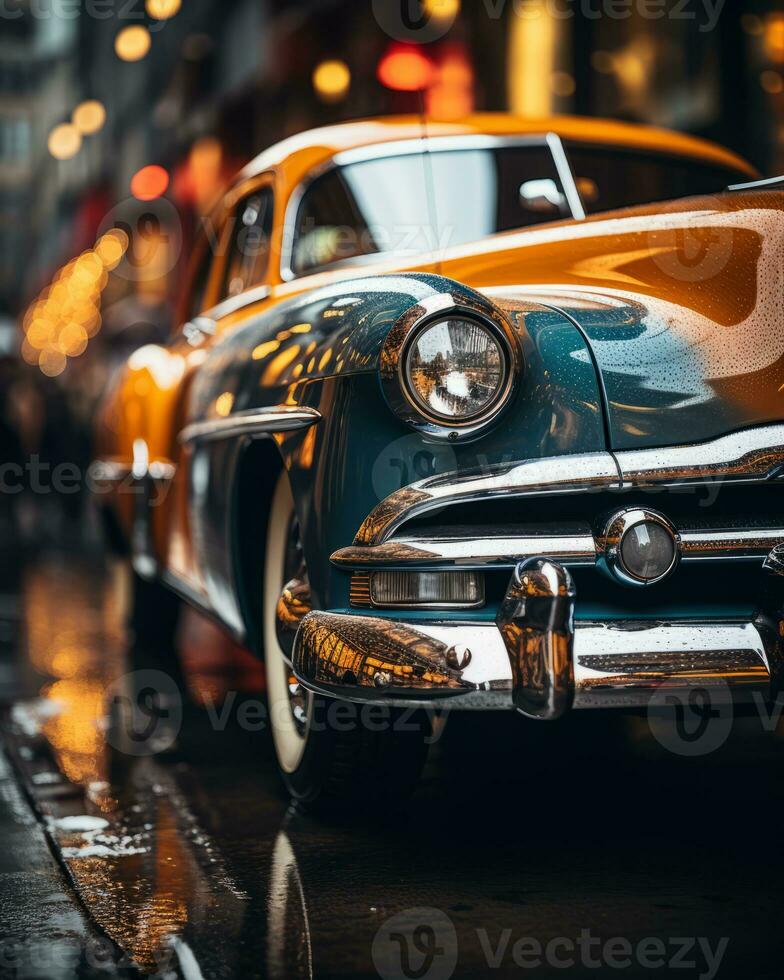an old car is parked on the street at night generative ai photo