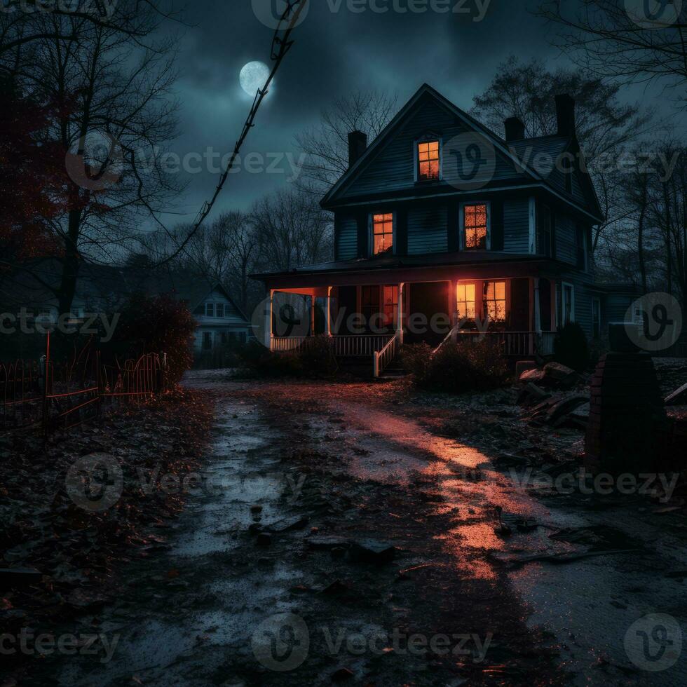 an old house at night with a full moon in the background generative ai photo