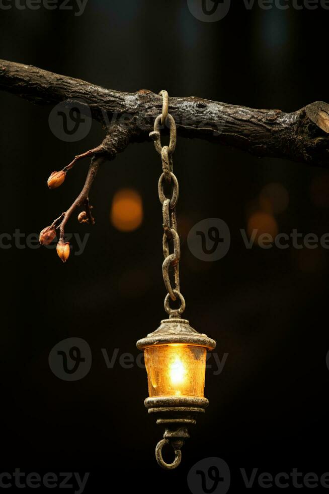 an old lantern hanging from a branch on a dark background generative ai photo
