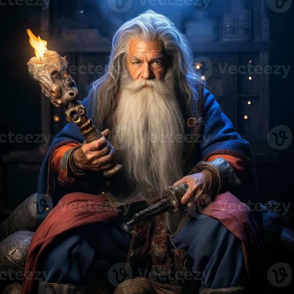 an old man with a long white beard holding a torch generative ai photo