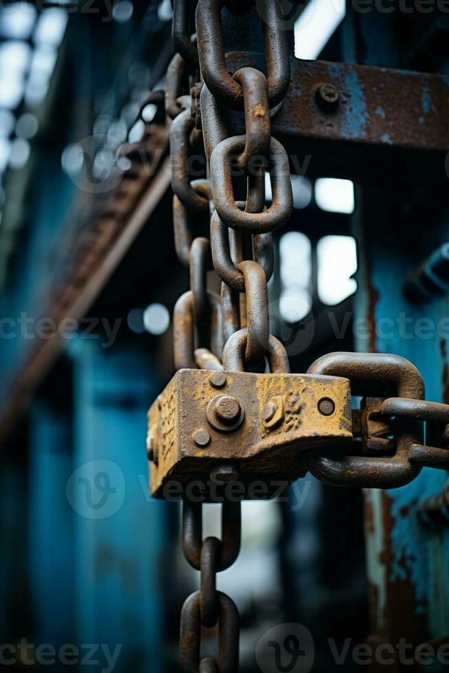 an old rusty chain is attached to a metal structure generative ai photo